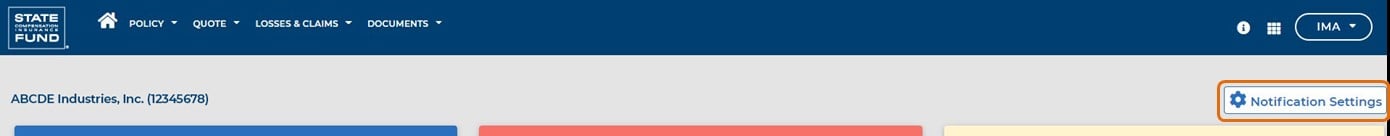 The notification settings button on the claims dashboard